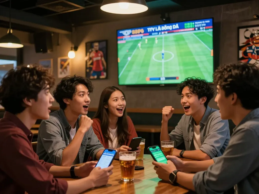 Friends engaging in sports betting while watching live football matches, displaying Tỷ Lệ Bóng Đá on phone apps in an energetic bar atmosphere.