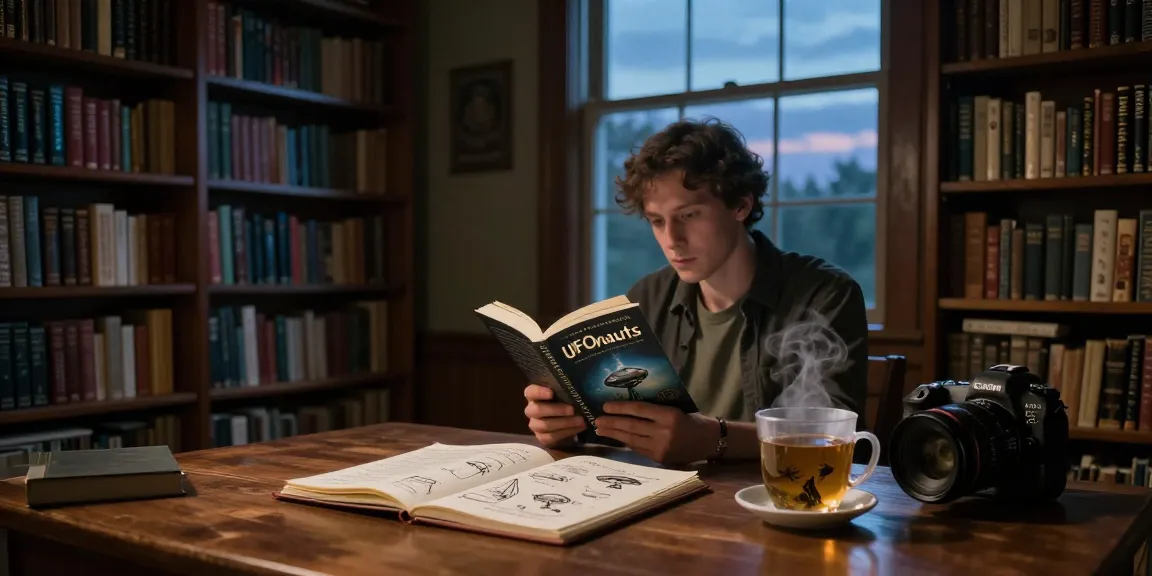 Discover insights about T Allen Greenfield and his book "UFOnauts" at https://tallengreenfield.com, set in a cozy library.
