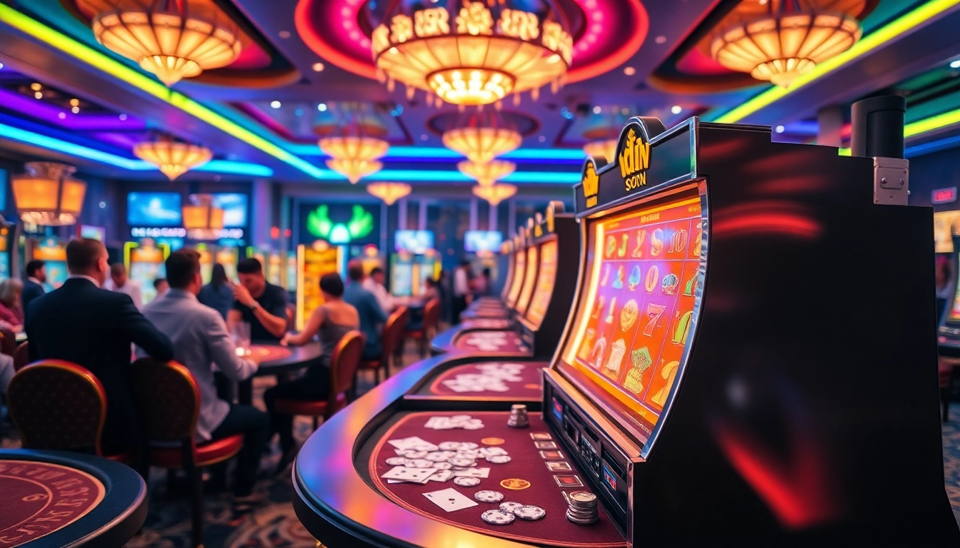 An exciting scene featuring an idn slot machine at a luxurious casino with vibrant lights and eager players.