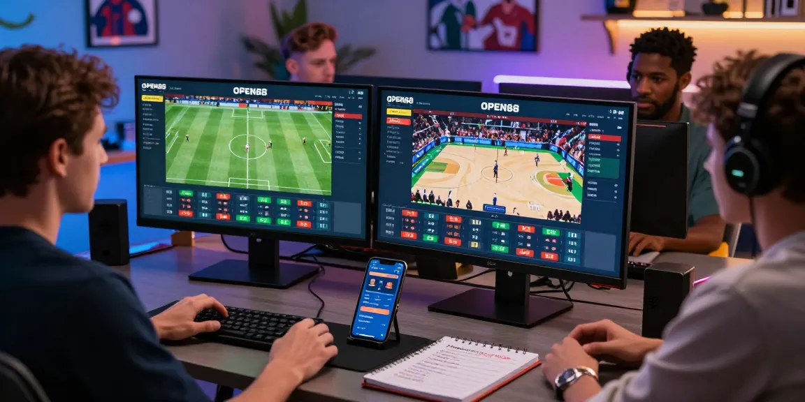 Exciting scene of diverse individuals engaging in online betting at OPEN88, showcasing live sports and dynamic atmosphere.