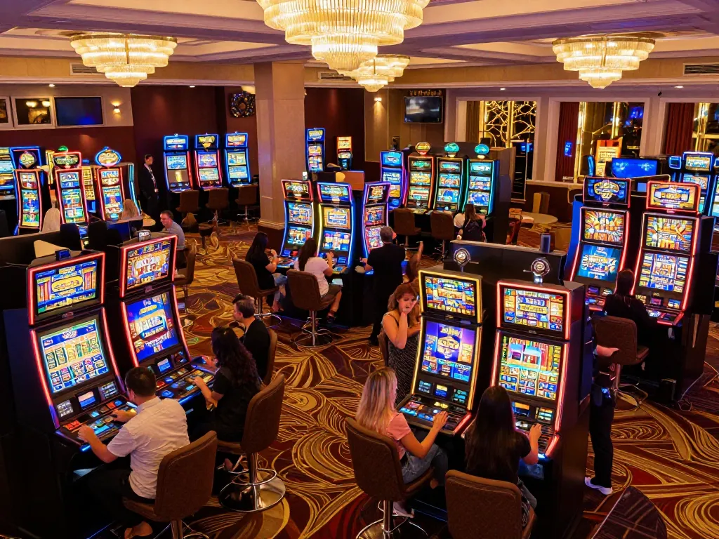 Players enjoying various slot machines at Winstrike69 casino, celebrating wins in vibrant atmosphere