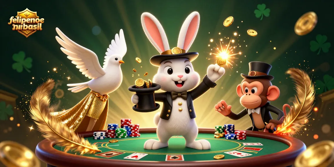 felipemourabrasil showcases a captivating 3D scene with a magician rabbit, poker chips, and shimmering gold coins.