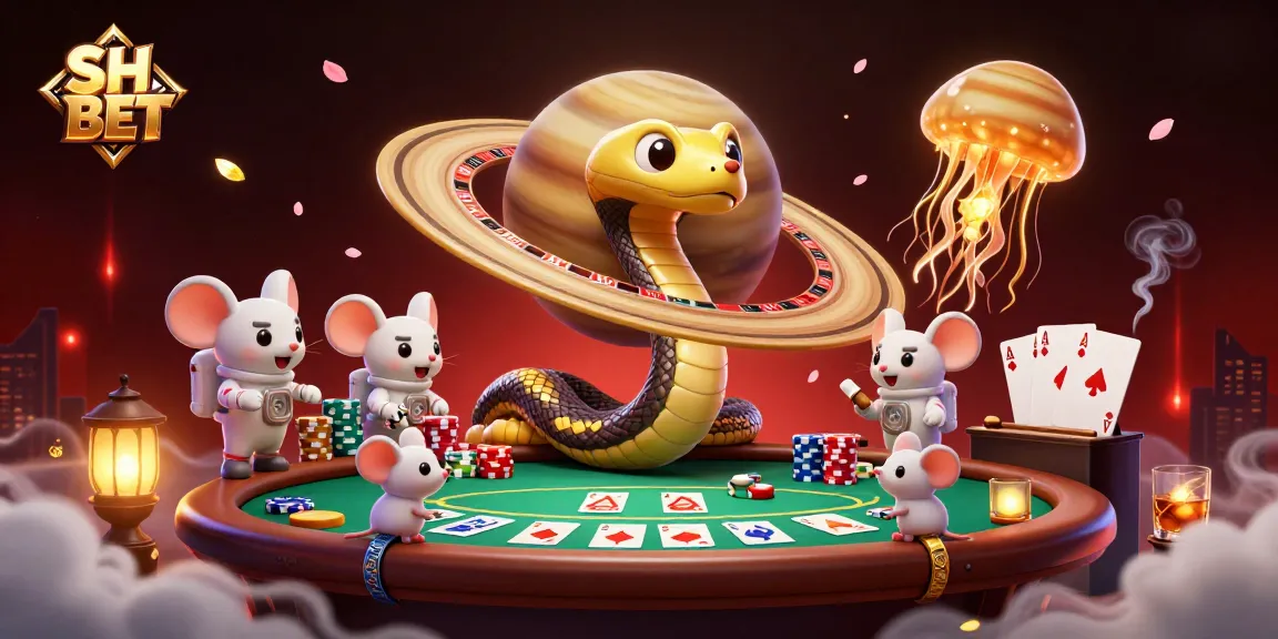 Engage with SH BET in this vibrant cosmic casino scene featuring a roulette wheel and playful astronaut mice betting.