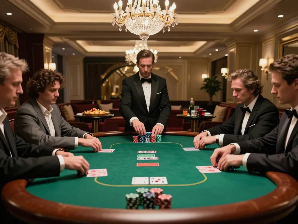 Permainan poker yang menarik di meja pemain tinggi menunjukkan pemain yang sedang merancang strategi, fokus GOLDWIN88 pada permainan elit.