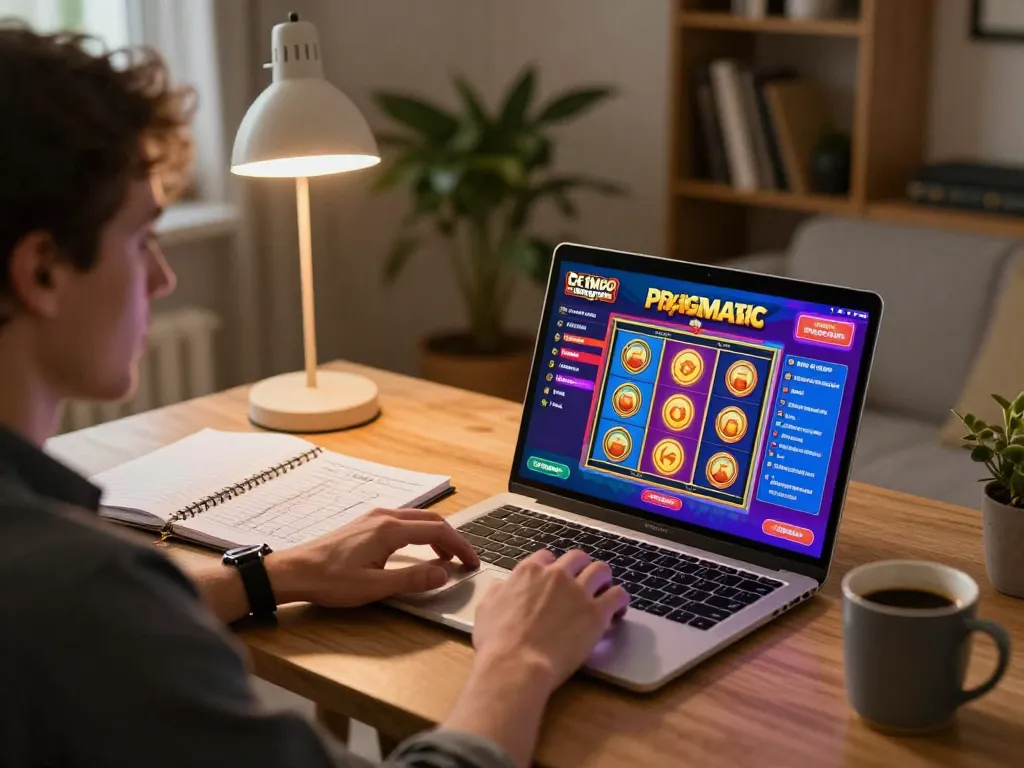 Engaging in Demo Slot Pragmatic gameplay on a laptop, cozy home setting with strategy notes
