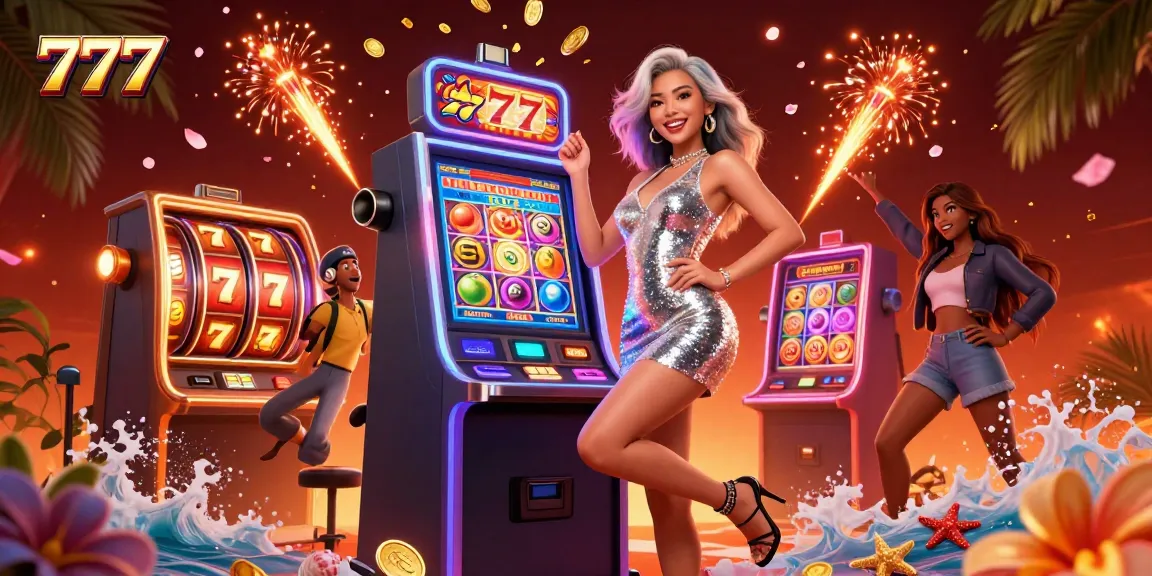 Spin the 777 jackpot with vibrant slots and celebratory energy in this animated casino scene.