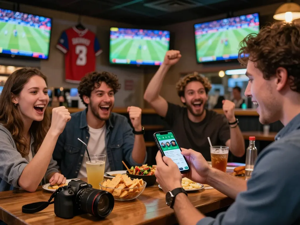 Person placing bets on SBOBET app at a lively sports bar, surrounded by cheering friends and live sports displays.