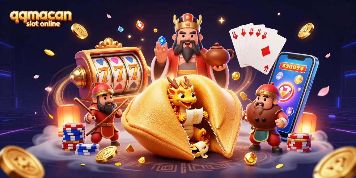 Menggugah semangat dengan permainan qqmacan slot online yang menunjukkan simbol keberuntungan dan banyak elemen kasino menarik.