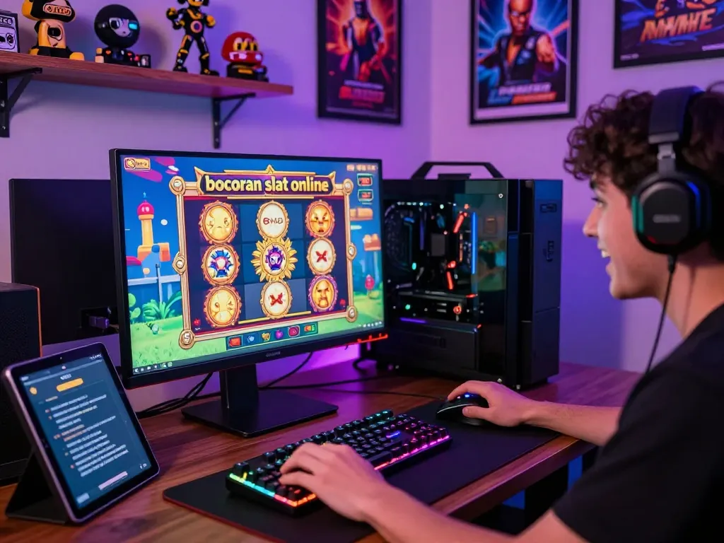 Gamer yang terlibat fokus pada strategi kemenangan untuk bocoran slot online dengan grafik permainan slot berwarna-warni di layar.