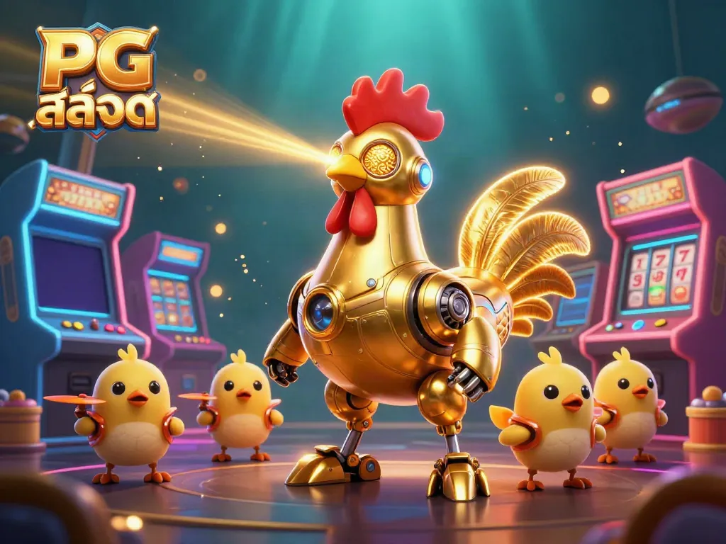 Engage with PG สล็อต through an exciting 3D illustration of a golden rooster robot and baby chick drones in a lively casino.