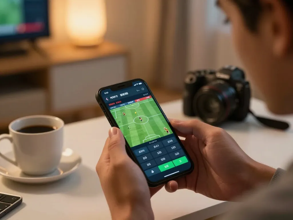 cm88 user placing live sports bets on smartphone, showcasing vibrant betting interface in a cozy home.
