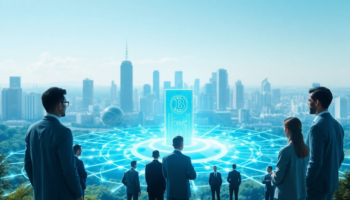Visual representation of EORMC AI blockchain development with professionals collaborating.