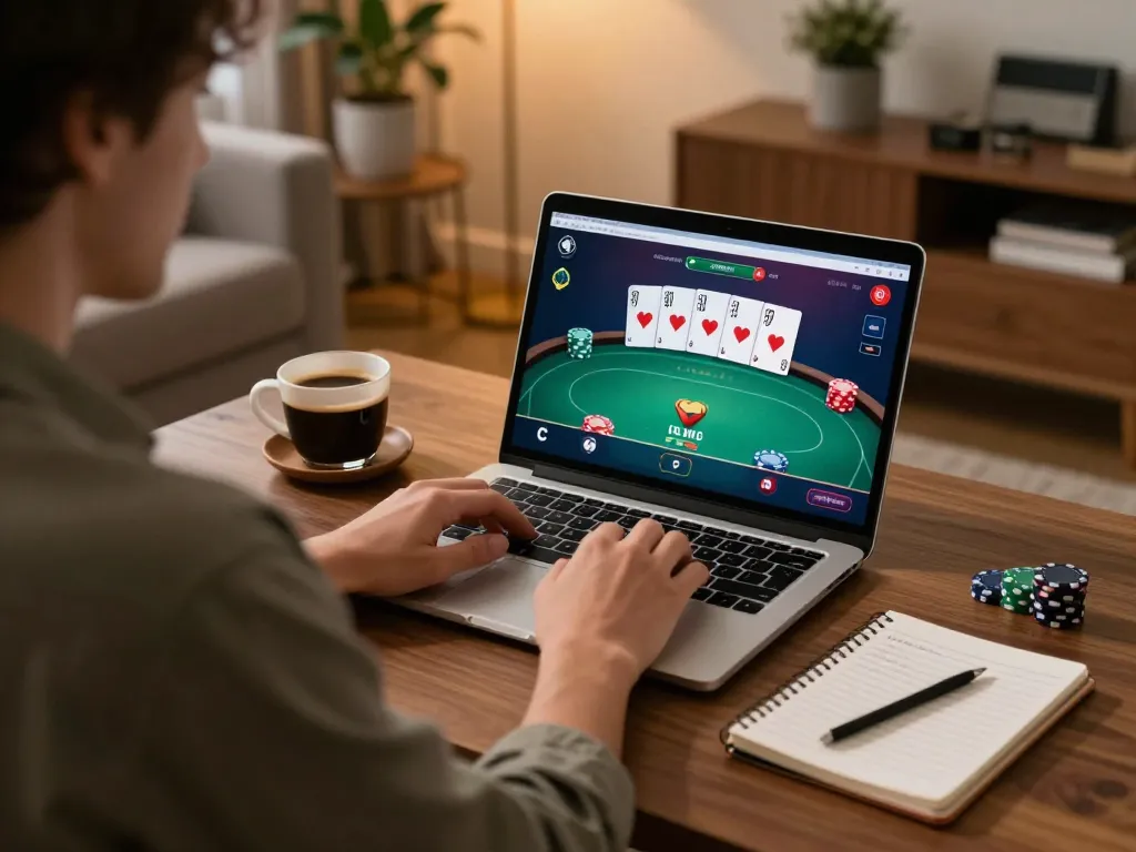 Engaged player exploring okwin online casino on laptop with strategic notes nearby