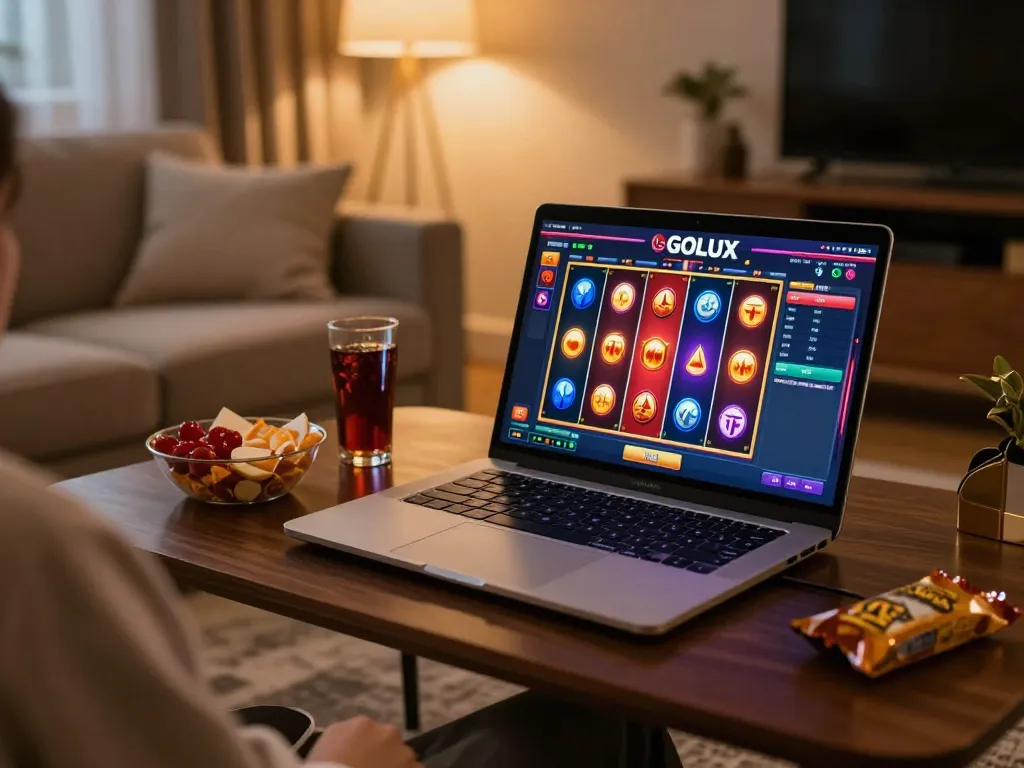 Person winning on LGOLUX online slots, capturing excitement in a cozy home setting.