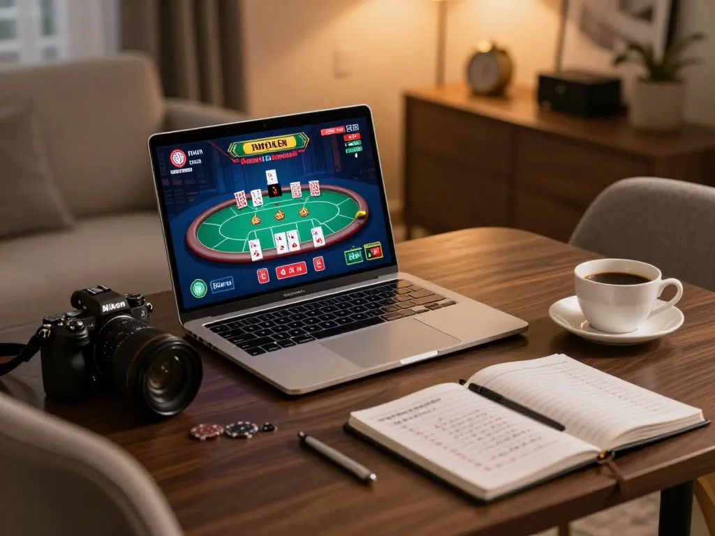 Engaging live dealer game on laptop screen showcasing vipwin poker hand strategy in cozy home setting