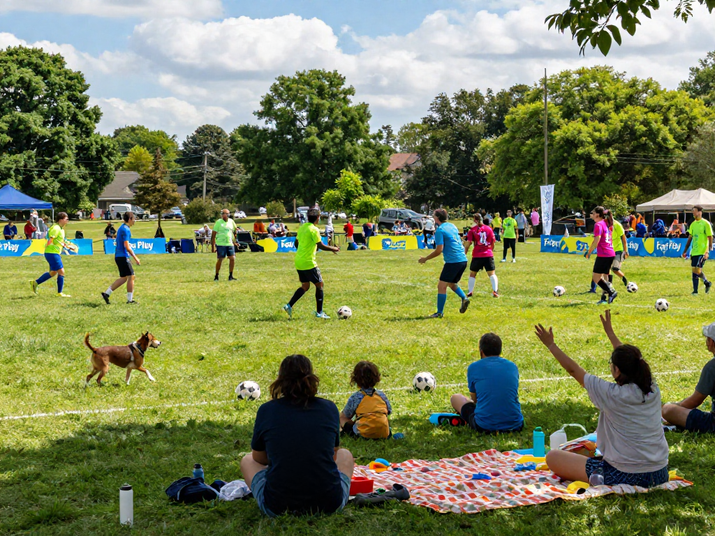 Fair play showcased during a lively community soccer match in a park with cheering crowds, teamwork, and vibrant atmosphere.