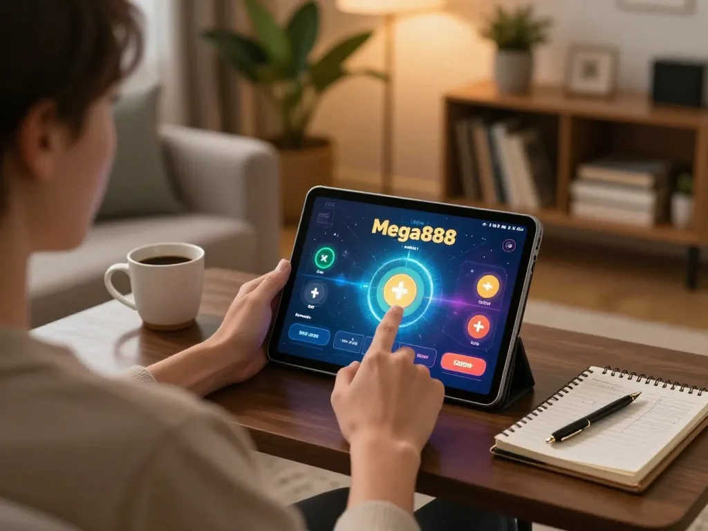 Engaging with the app mega888 at home, showcasing online gaming excitement and comfort.