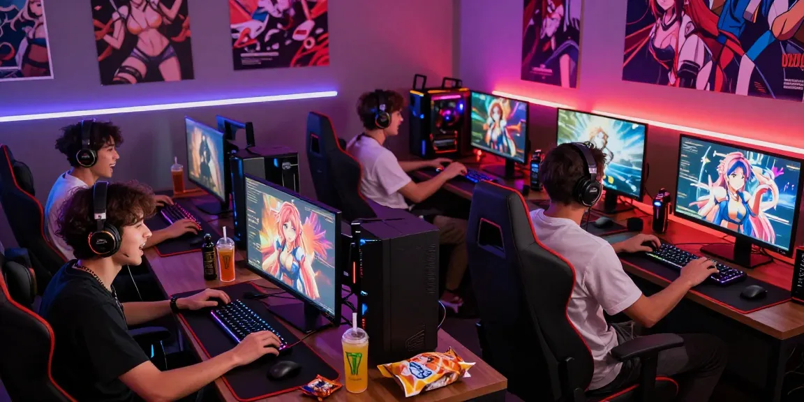 Exciting scene of gamers enjoying hentai games in a vibrant gaming room with anime graphics.