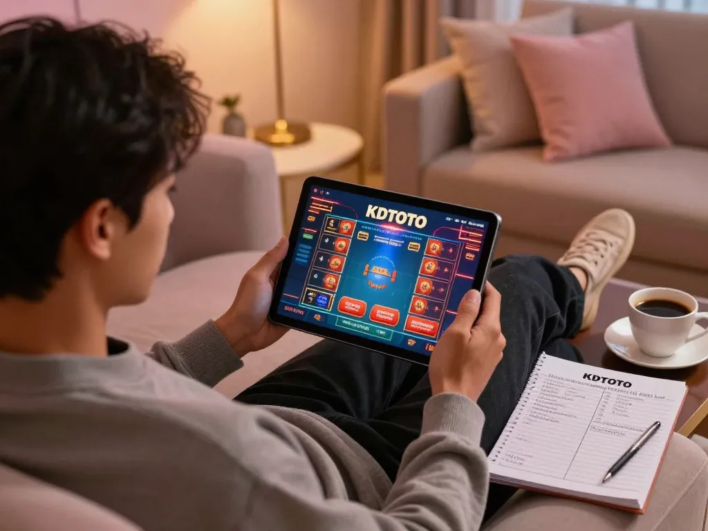 KDTOTO player engaging in online gambling on a tablet while surrounded by strategic notes and warm ambiance.
