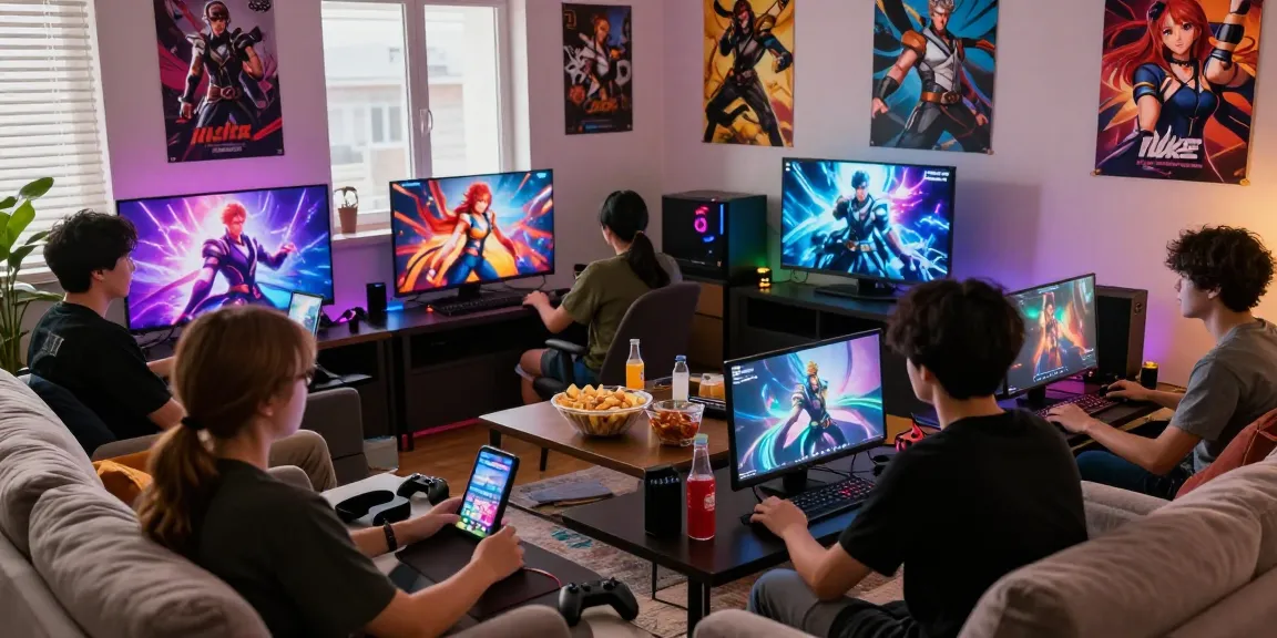 Engaged players enjoying hentai games in a cozy living room setting with colorful graphics and snacks.