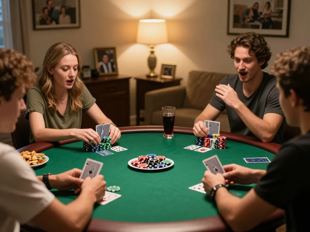 KÈO TRỰC TUYẾN players engaged in a lively poker night with colorful chips and cards, embracing the thrill of strategy.
