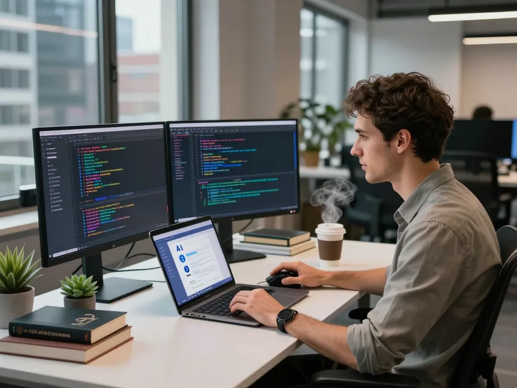 Developer programming juicy ai chatbot application in a modern office with dual monitors and vibrant code.