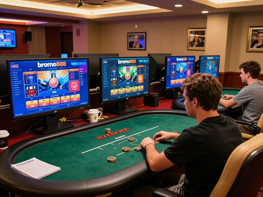 Bromo888 user enjoying poker gameplay on multiple screens in a cozy home setup
