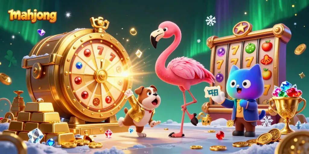 Permainan mahjong dibalut dengan suasana meriah, spin slot dan harta karun berkilauan menyelimuti karakter.
