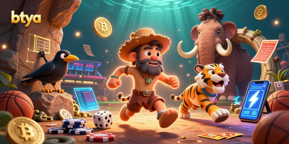 Betya elevates sports betting with a dynamic prehistoric casino scene featuring basketballs and crypto elements.