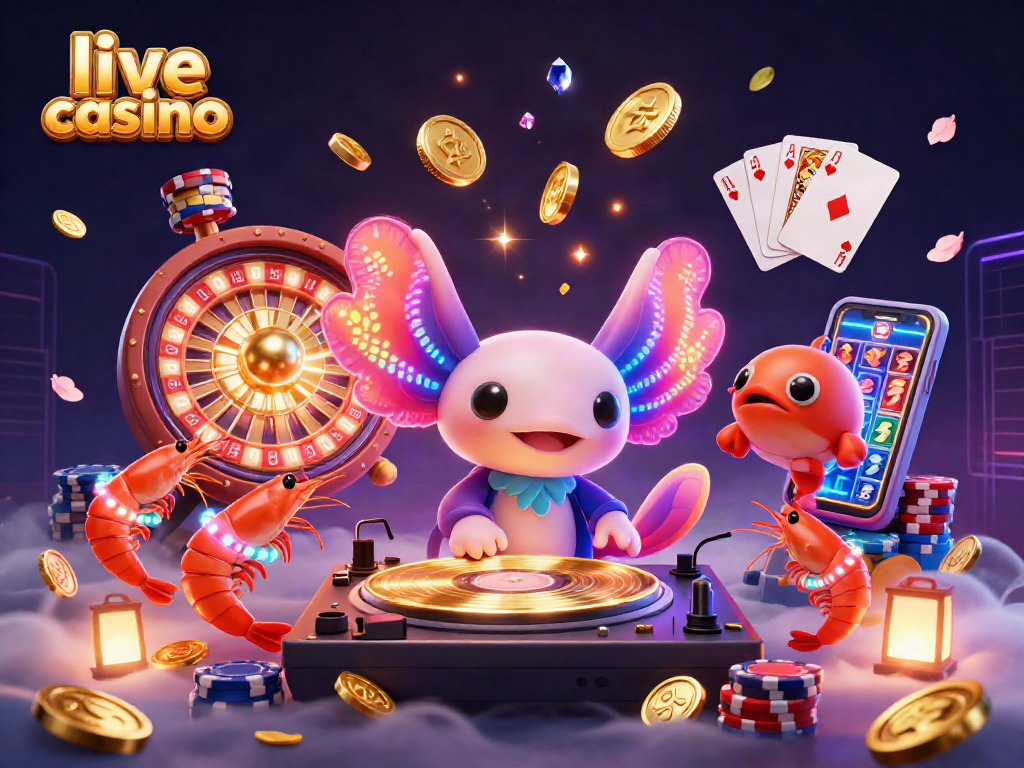 Experience the thrill of a live casino with colorful cartoon characters celebrating under cascading coins and gems.