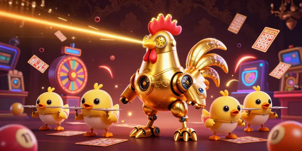 Bingo 101 features a golden rooster robot surrounded by colorful bingo cards and game elements.
