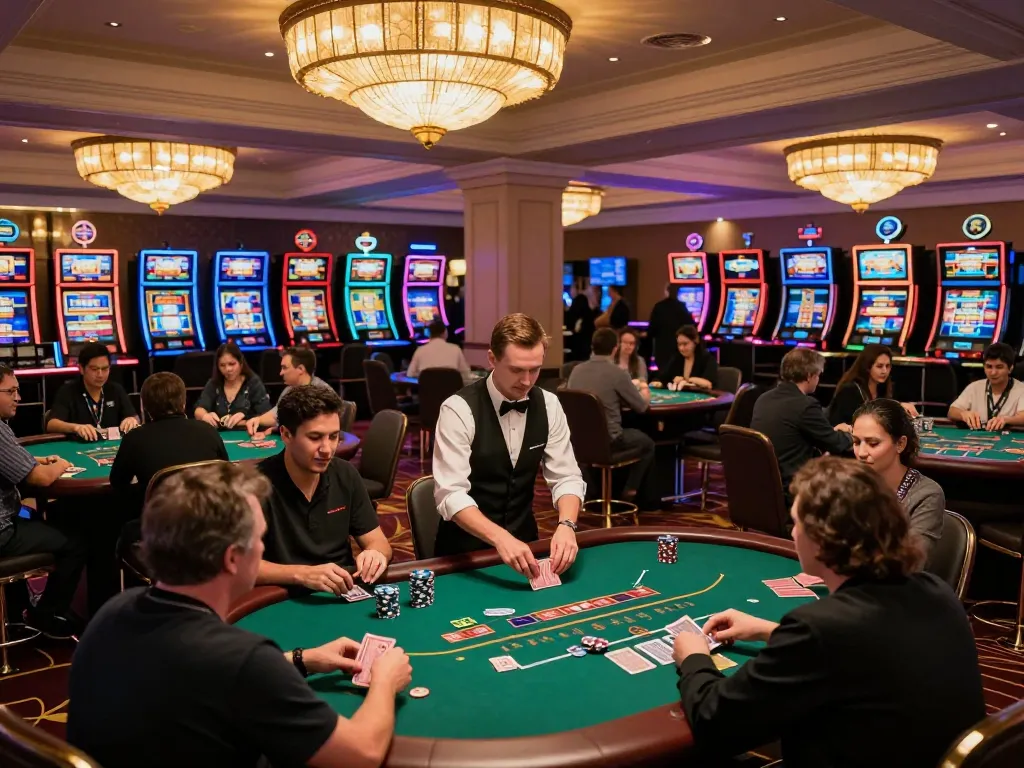 78WIN players enjoying a dynamic poker game at a chic casino floor, engaging with cards and chips.
