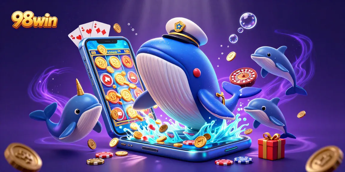 Engage with thrilling gaming action at 98win, highlighted by a vibrant underwater scene featuring playful casino characters.