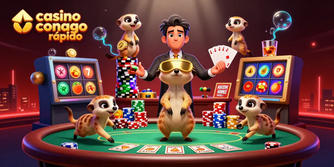 Juego en un casino con pago rápido, donde un grupo de suricatas dirige la acción entre mesas llenas de fichas y dinero.