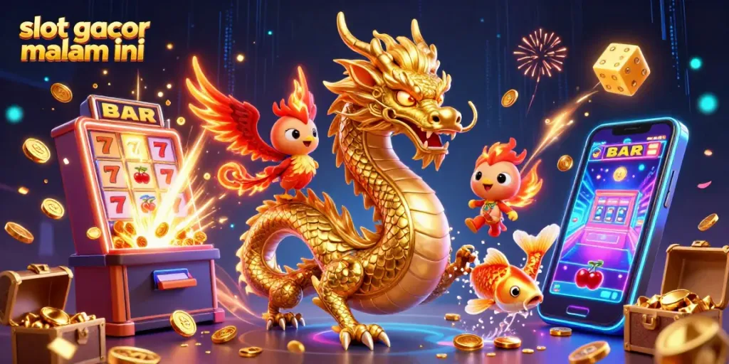Slot gacor malam ini menampilkan ilustrasi 3D dengan naga emas, phoenix, dan ikan koi melintasi koin keberuntungan.