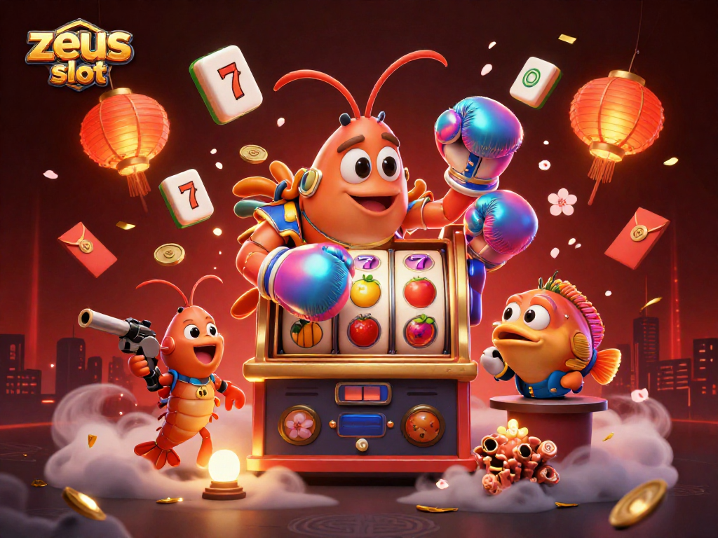 Play zeus slot and win with vibrant symbols and animated characters in this exciting casino scene.