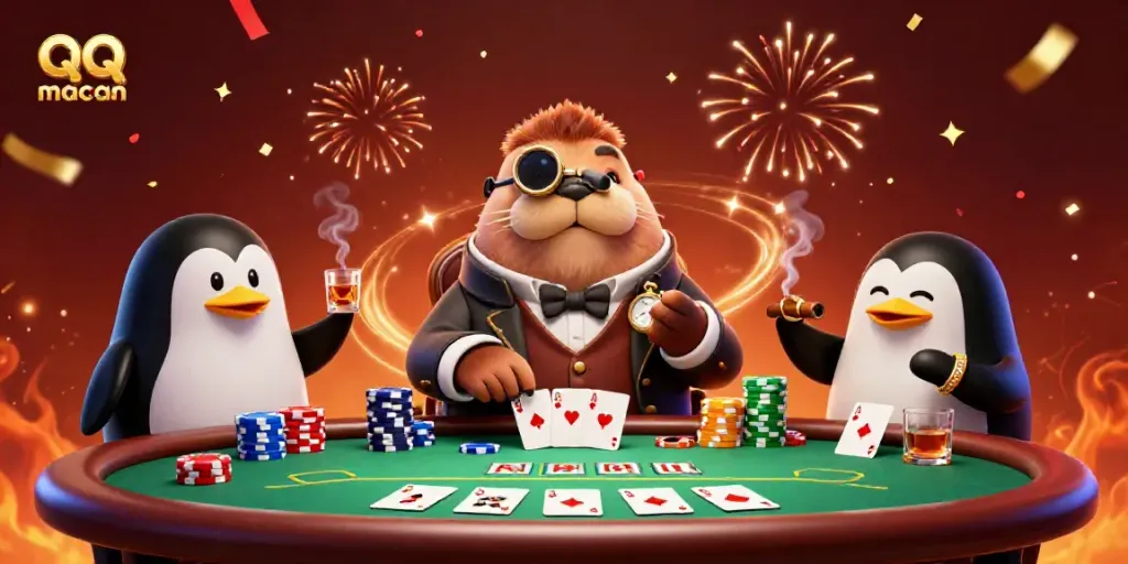 Experience the vibrant casino atmosphere with qq macan, featuring a walrus, penguin dealer, and pufferfish at play.