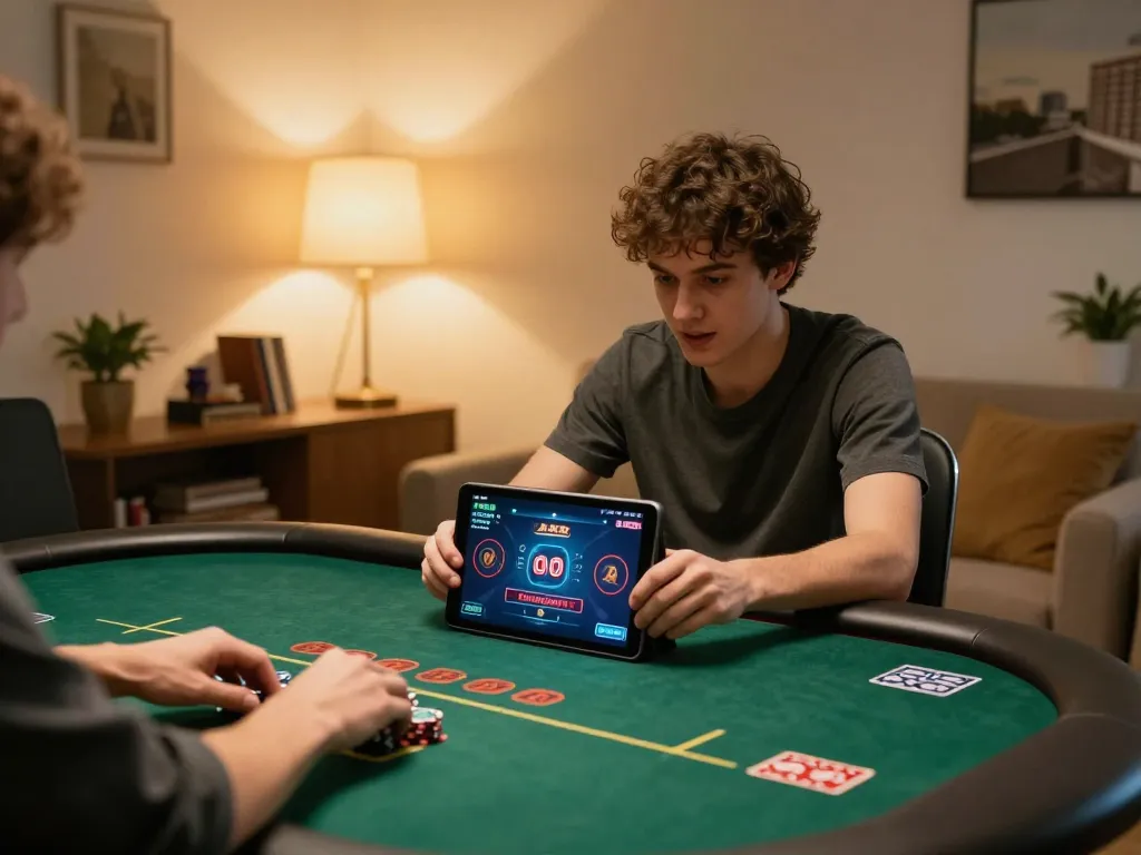 Engaging in online poker gaming session with g28 strategy on tablet in cozy setting.