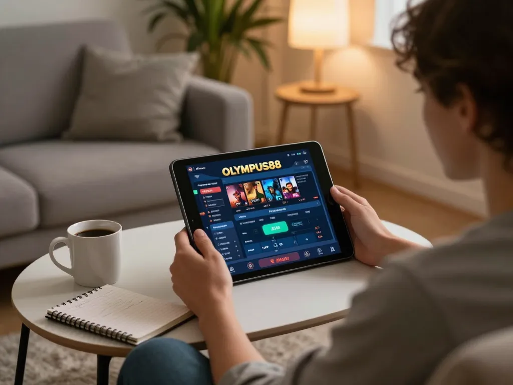 Experience the excitement of OLYMPUS88 with online gaming on a tablet in a cozy home setting.