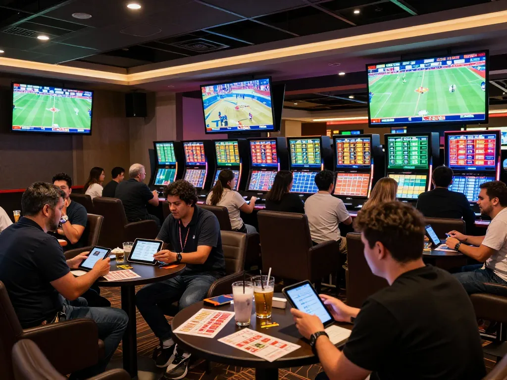 bettors engaging with nhà cái sports betting options at a modern sportsbook, large screens showcasing live events