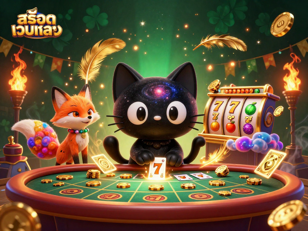 Experience the thrill of สล็อตเว็บตรง with our captivating cosmic casino scene featuring a charming cat and fox.
