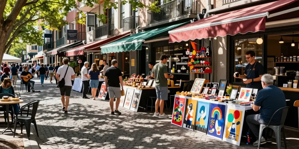Akunjp street market scene featuring vibrant handmade goods, lively interactions, and cheerful vendors.