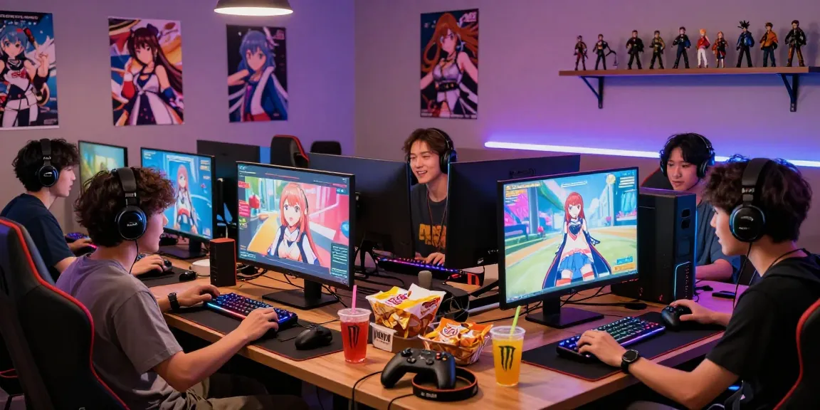 Exciting gaming lounge scene with diverse friends playing an ecchi game, snacks, and vibrant LED lighting.
