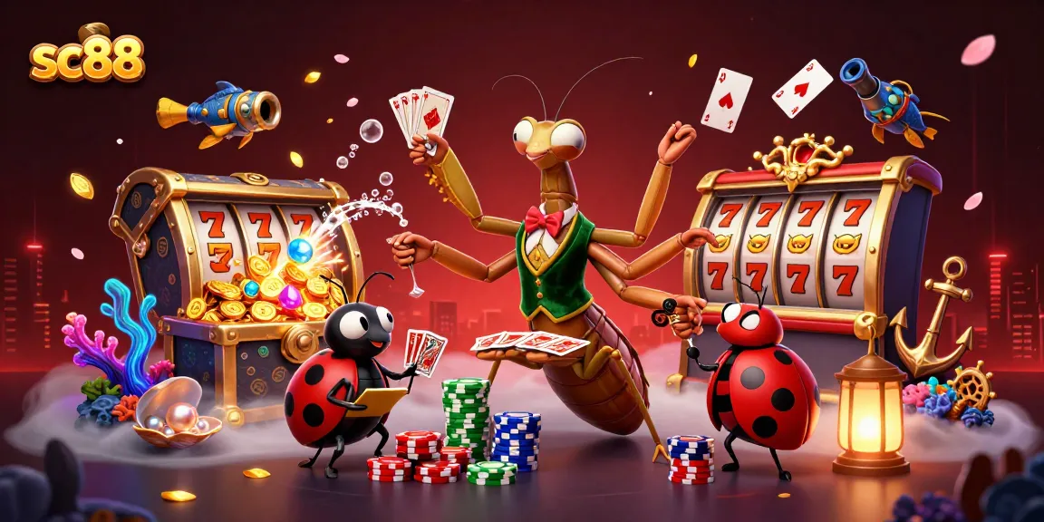 Experience the sc88 thrill with a vibrant casino scene featuring a praying mantis card sharp and ladybug pit boss amidst dynamic gaming elements.