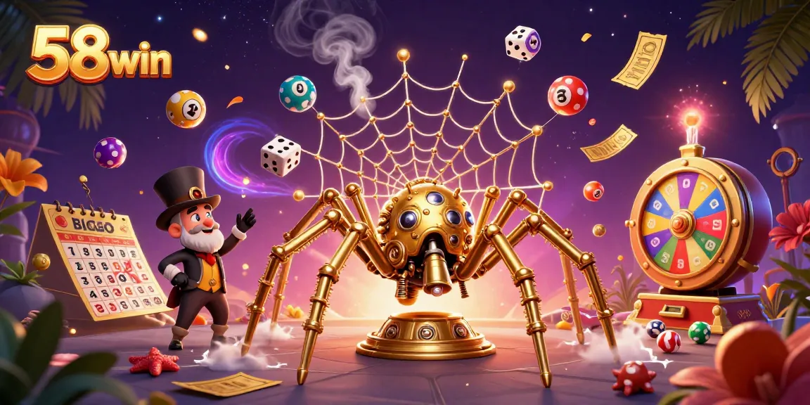 Engage in exciting gaming adventures at 58win with a dynamic 3D illustration of a steampunk spider and vibrant casino elements.