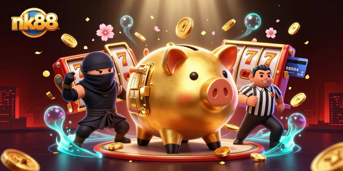 Engage with nk88's casino adventure featuring a golden piggy bank wrestler amidst dynamic gaming symbols.