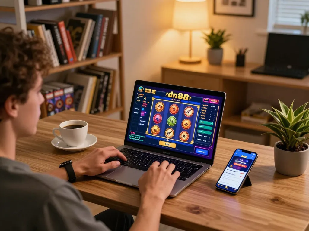 Player enjoys an exciting session at dn88 online casino from home, engaging with colorful slot machine interface.