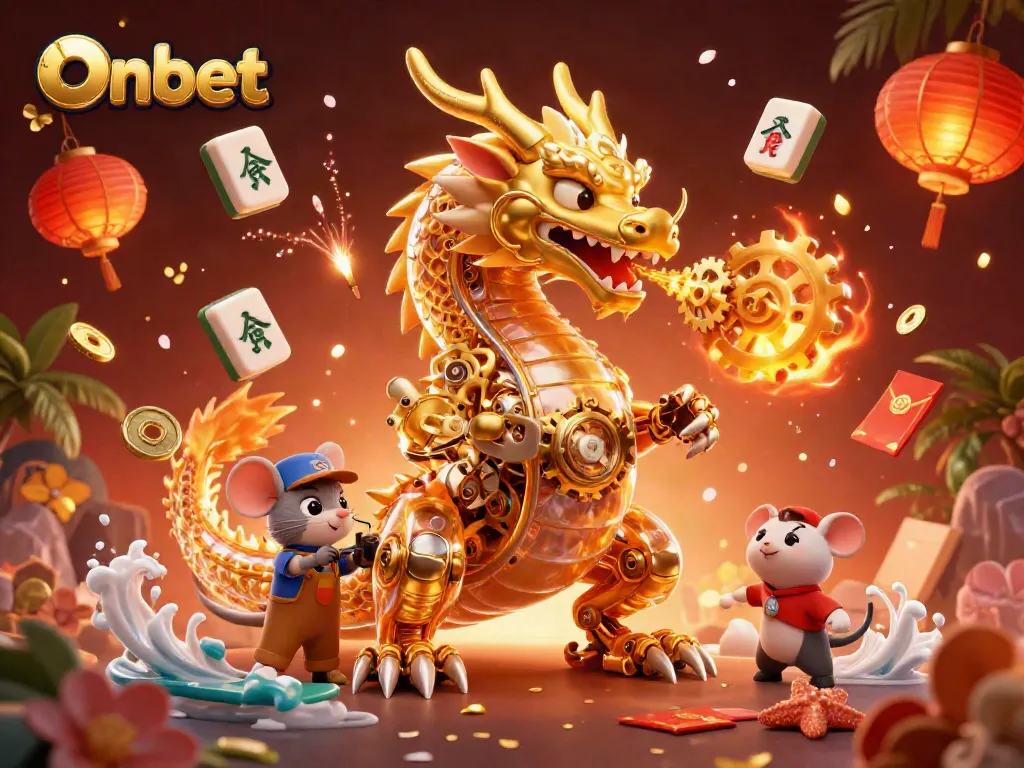 Engage with Onbet's thrilling gaming world featuring a golden dragon and festive elements.