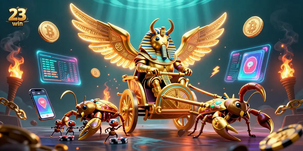 Engage with 23win's vibrant gaming experience featuring intricate characters and crypto elements.