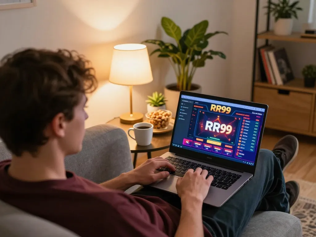 Engaging in an online RR99 casino session from the comfort of home, showcasing gameplay action.